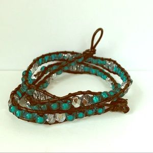 Green & Silver Wrap Leather Bracelet Necklace
